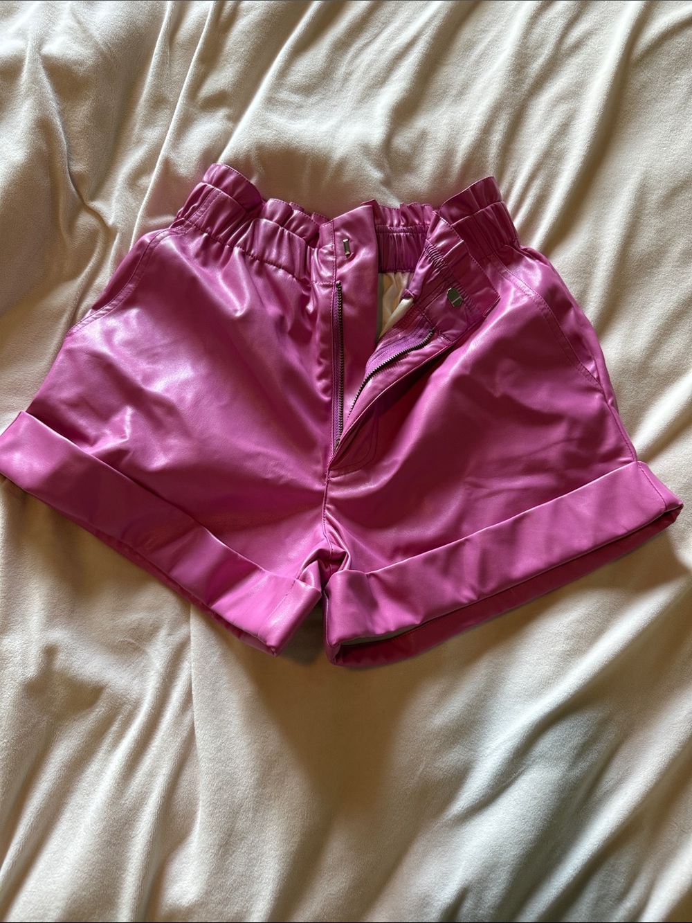 Women's Faux-Leather Hot Pink High-Waist Shorts